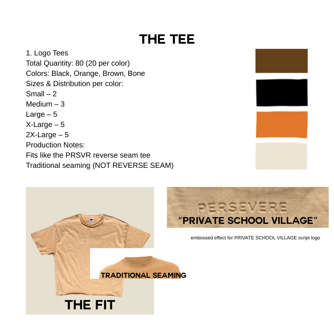Product information sheet for a t-shirt with color options, size chart, and branding details.