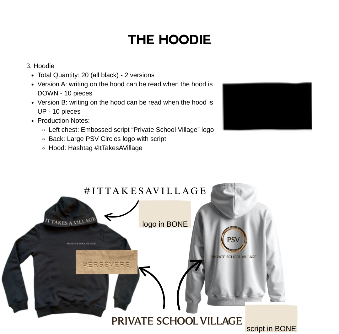 Product description sheet for a hoodie with branding and design details.