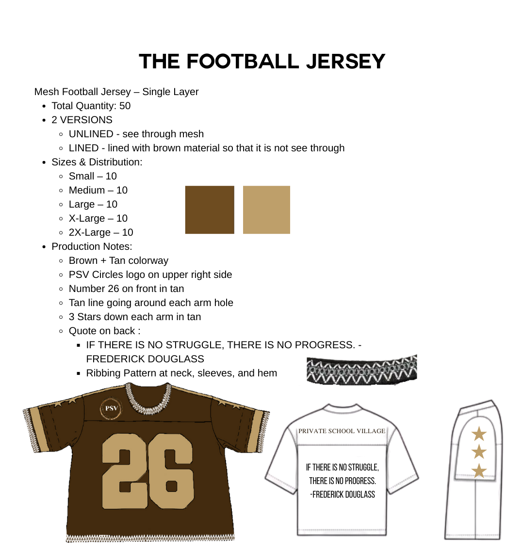 Football jersey design with size chart and branding elements on a white background