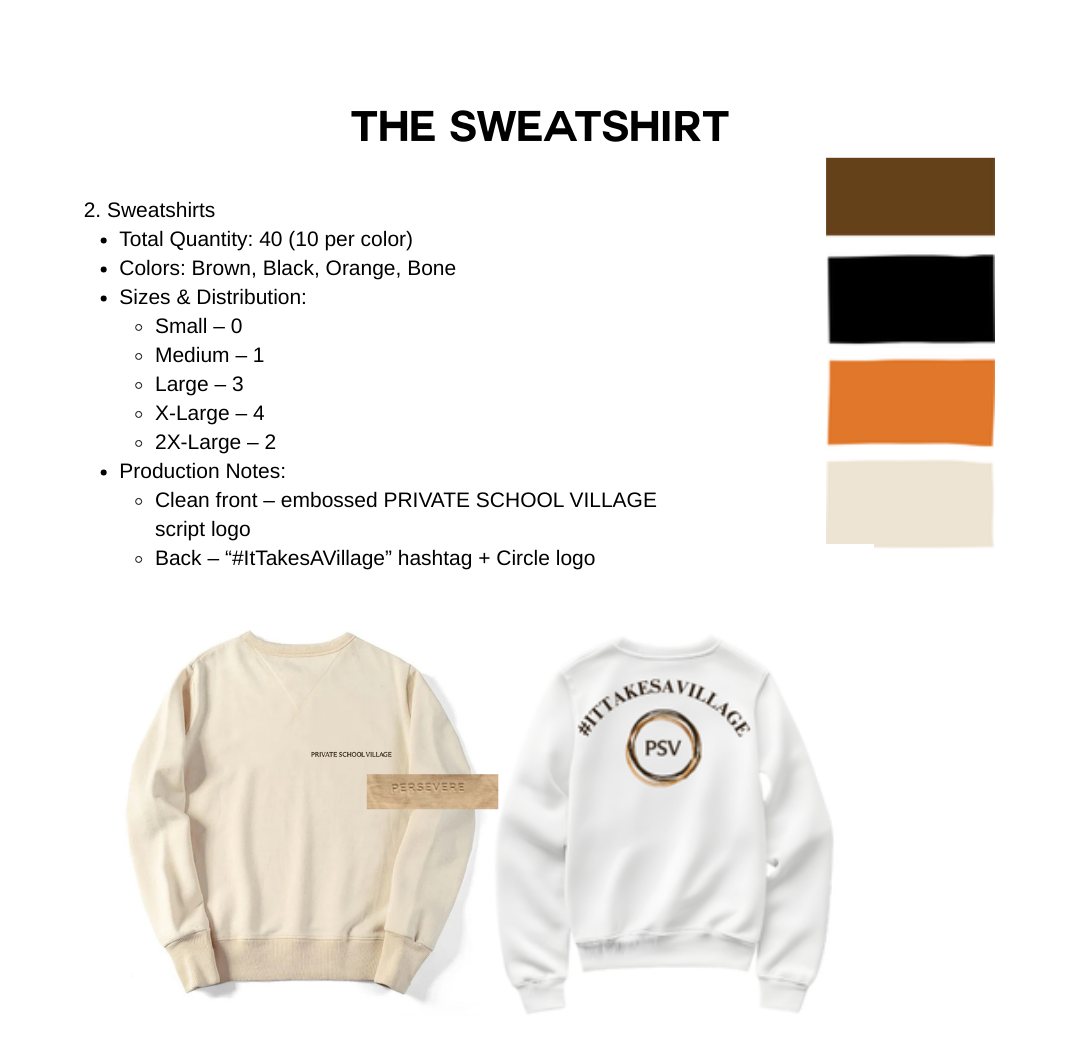 Sweatshirt with '#ItTakesAVillage' and 'Private School Village' branding, size chart, and color options.