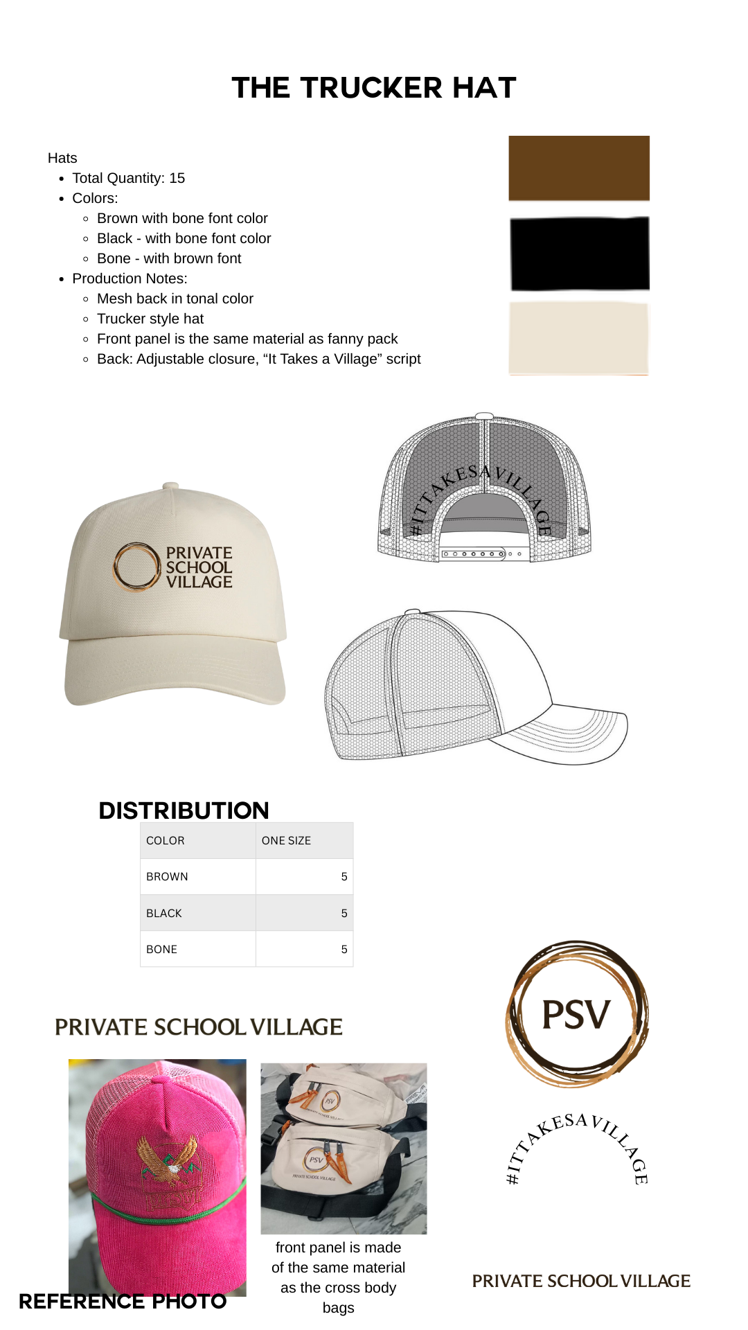 Trucker hat product sheet with design options and branding details.